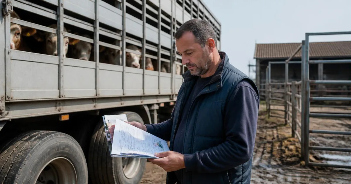 Vozač proverava veterinarsku dokumentaciju pored prikolice za prevoz goveda